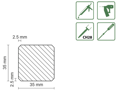 Technische Zeichnung eines Holzprofils mit den Maßen 35 x 35 mm und einer Fase von 2,5 mm sowie Symbolen für Montage.