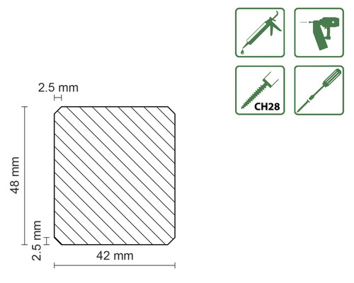 Abmessungen Holzprofil: 48 x 42 Millimeter. Verarbeitungshinweise: geeignet für Kartuschenpistole, Nagelpistole, Schraube CH28 und Schraubendreher.