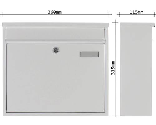 Briefkasten mit den Maßen 360 Millimeter mal 315 Millimeter mal 115 Millimeter