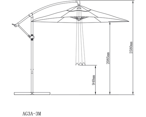Technische Zeichnung eines Sonnenschirms mit seitlichem Mast und Abmessungen