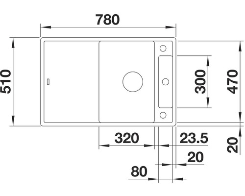 Zeichnung einer Spüle mit Maßangaben