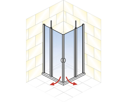 Eckdusche mit nach außen öffnenden Türen.