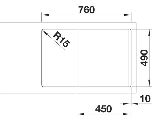 Technische Zeichnung einer Spüle mit den Maßangaben 760, 490, 450, 10 und R15