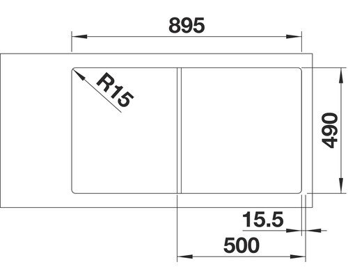 Skizze einer Spüle mit den Maßen 895 x 490 mm