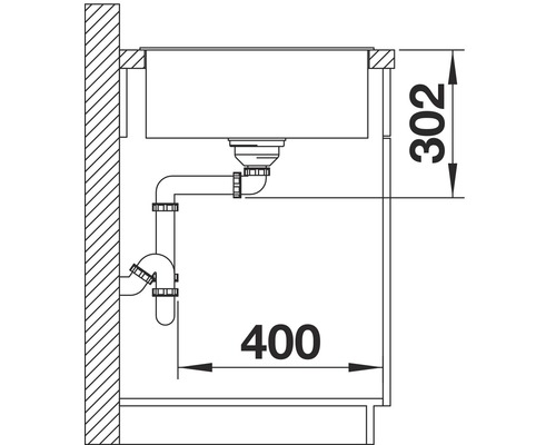 Skizze einer Spüle mit Abmessungen und Siphon