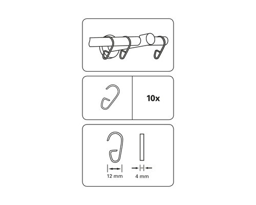 Zehn Gardinenhaken mit den Maßen 12 mm und 4 mm