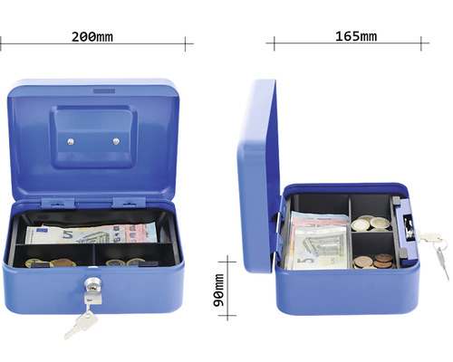 Geöffnete blaue Geldkassette mit Geldscheinen und Münzen