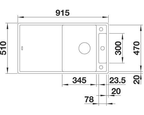 Maßzeichnung einer Küchenspüle mit Abtropffläche und den Maßen 915 x 510 Millimeter.