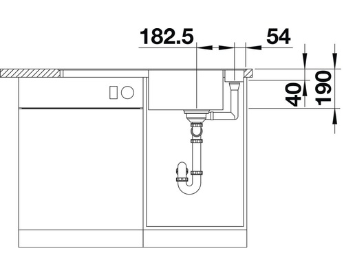 Skizze einer Spüle mit Maßangaben für den Einbau