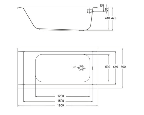Technische Zeichnung einer Badewanne mit Maßangaben