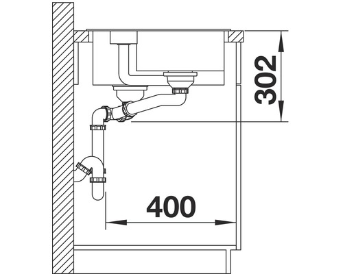 Skizze einer Spüle mit Abmessungen für Installationsdetails