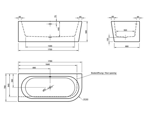 Technische Zeichnung einer Badewanne mit Maßangaben