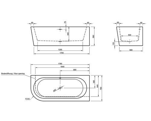 Technische Zeichnung einer Badewanne mit Maßangaben