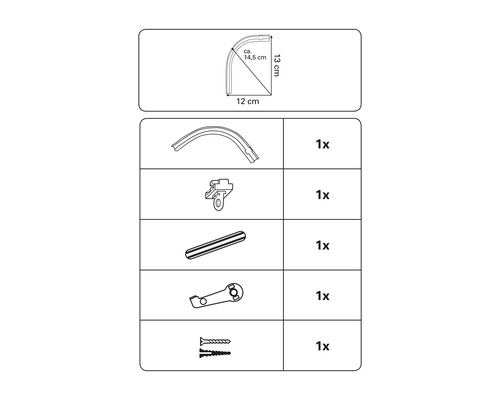 Abbildung der Bauteile für eine Duschvorhangstange mit Maßangaben