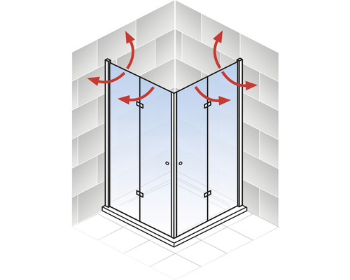 Eckdusche mit roter Pfeilmarkierung für Bewegungsfreiheit