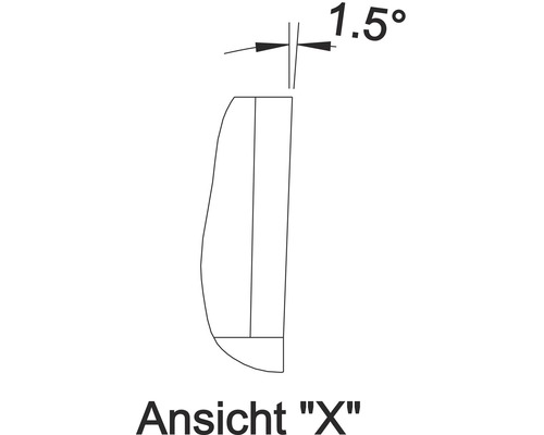Technische Zeichnung Ansicht X mit Angabe eines Winkels von 1.5 Grad