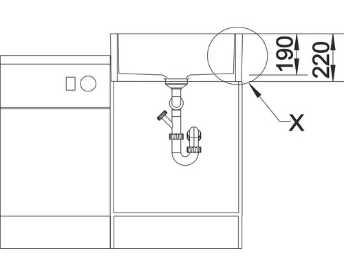 Skizze einer Spüle mit Unterschrank und Geschirrspüler mit Maßangaben.
