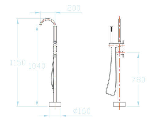 Technische Zeichnung einer freistehenden Badewannenarmatur mit Maßangaben