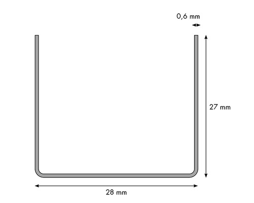 Technische Zeichnung eines U-Profils mit den Maßen 28 mm Breite, 27 mm Höhe und 0,6 mm Materialstärke