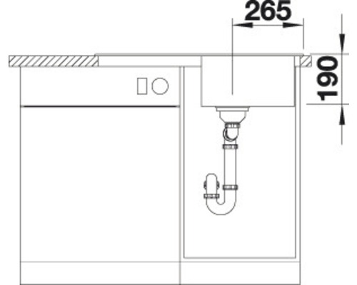 Zeichnung eines Spülenunterschranks mit den Maßen 265 mal 190 Millimeter.