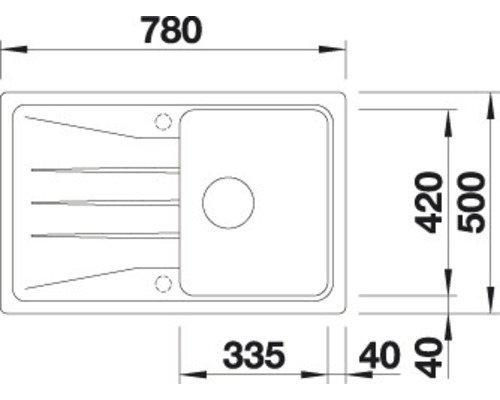 Technische Zeichnung einer Küchenspüle mit Maßangaben.