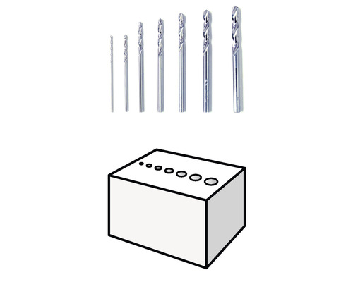 Set aus Metallbohrern mit einer Darstellung unterschiedlicher Bohrdurchmesser in einem Block