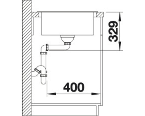 Skizze einer Spüle mit Abmessungen: 329 x 400 mm