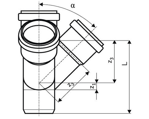 Technische Zeichnung eines Abwasserrohr-T-Stücks mit Winkelangaben und Längenmaßen