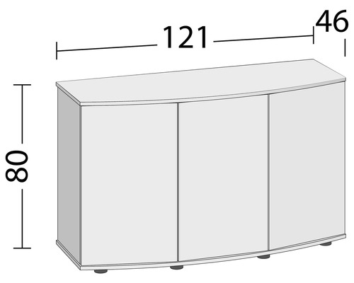 Abbildung der Maße eines Unterschranks mit drei Türen: 80 cm Höhe, 121 cm Breite und 46 cm Tiefe