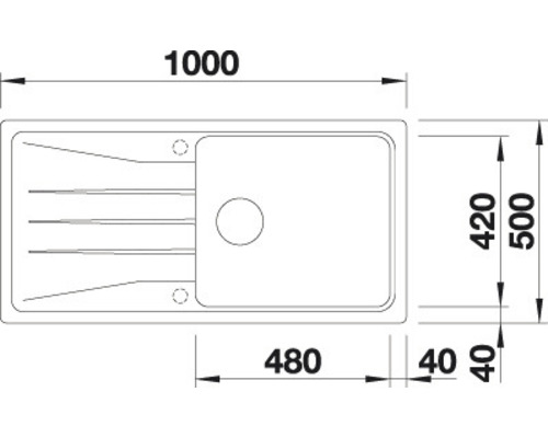 Technische Zeichnung eines Spülbeckens mit Maßangaben.