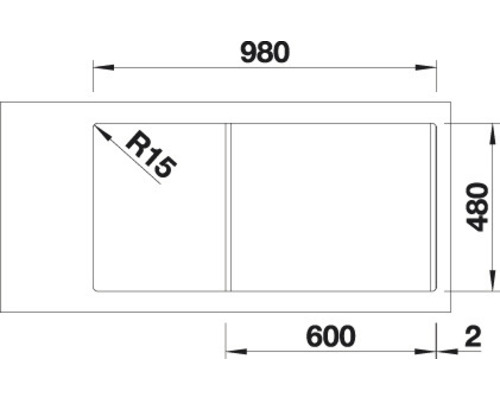 Technische Zeichnung eines Spülbeckens mit den Maßen 980 x 480 mm