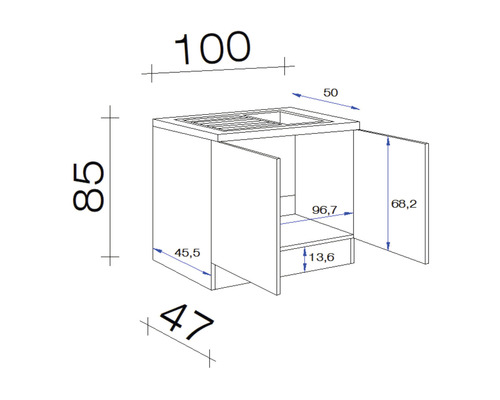 Technische Zeichnung eines Waschbeckenunterschranks mit Maßangaben
