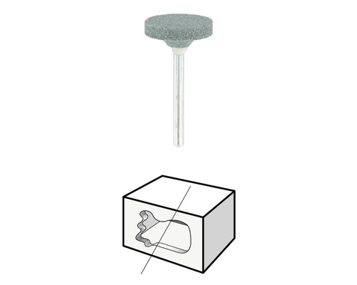 Schleifstift und schematische Darstellung der Anwendung