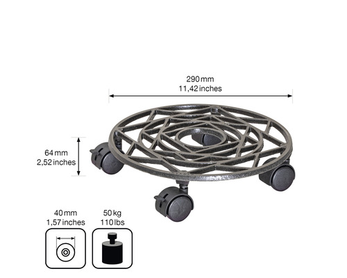 Pflanzenroller mit 290 Millimeter Durchmesser, 64 Millimeter Höhe und 50 Kilogramm Traglast