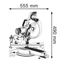 Skizze einer Kapp- und Gehrungssäge mit Maßangaben: 555 mm Breite, 490 mm Höhe.