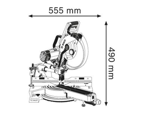 Skizze einer Kapp- und Gehrungssäge mit Maßangaben: 555 mm Breite, 490 mm Höhe.