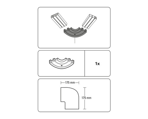 Illustration eines Eckstücks mit den Maßen 175 mm mal 175 mm