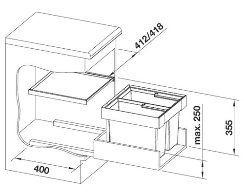Skizze eines Mülleimersystems für Unterschränke mit Größenangaben