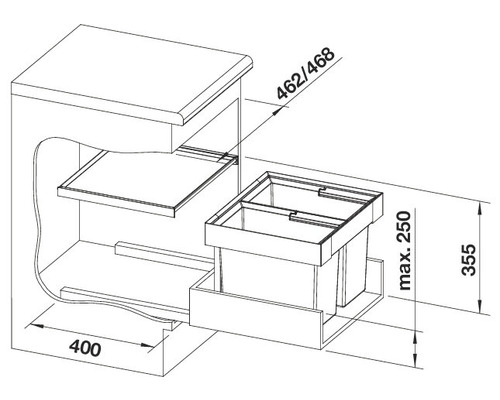 Technische Zeichnung eines Abfallbehälterschranks mit Maßangaben