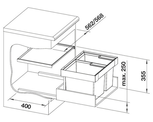 Technische Zeichnung eines Spülenschranks mit Maßen