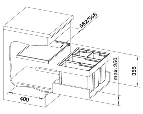 Technische Zeichnung eines Abfallsammlers für den Unterschrank mit Maßangaben