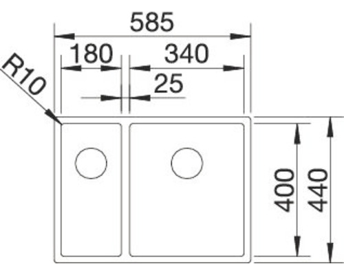 Technische Zeichnung einer Spüle mit Doppelbecken und Maßangaben.