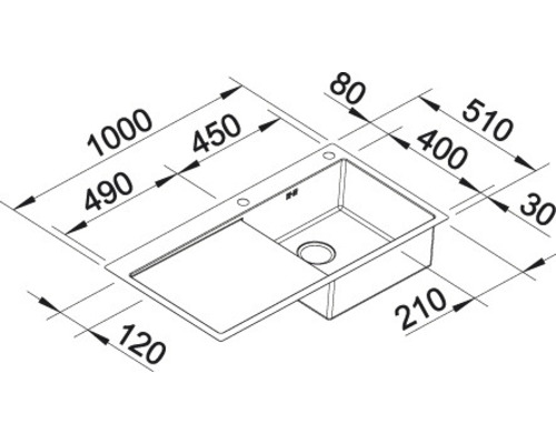 Technische Zeichnung einer Küchenspüle mit Maßangaben