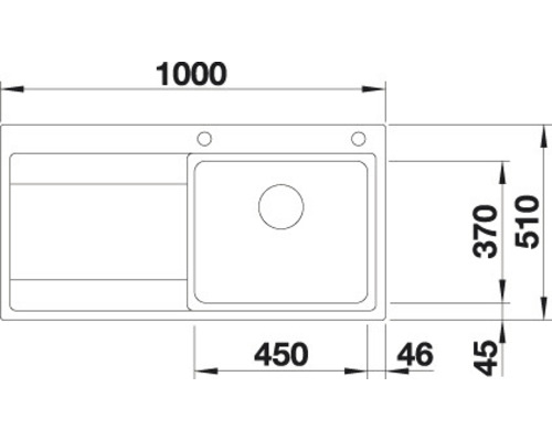 Technische Zeichnung einer Spüle mit Maßangaben.