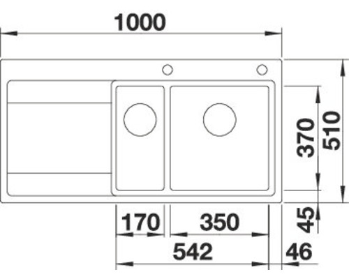 Technische Zeichnung einer Spüle mit Abmessungen.