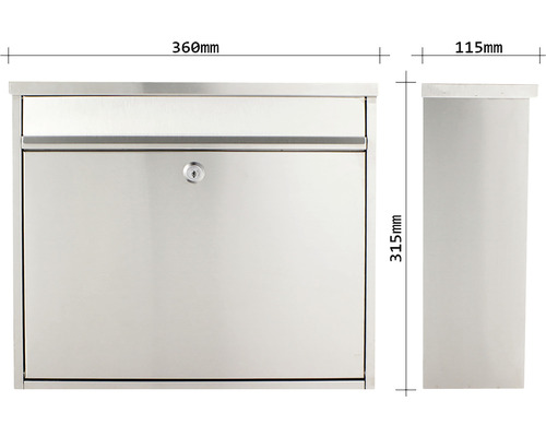 Edelstahl Briefkasten mit den Maßen 360 mm Breite, 315 mm Höhe und 115 mm Tiefe.