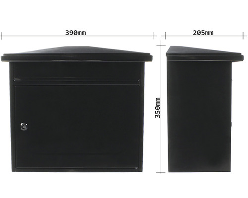 Briefkasten mit den Maßen 390 mm Breite, 350 mm Höhe und 205 mm Tiefe.