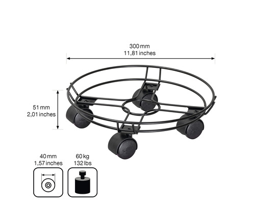 Pflanzenroller aus Metall mit Rollen, Durchmesser 300 Millimeter, Traglast 60 Kilogramm