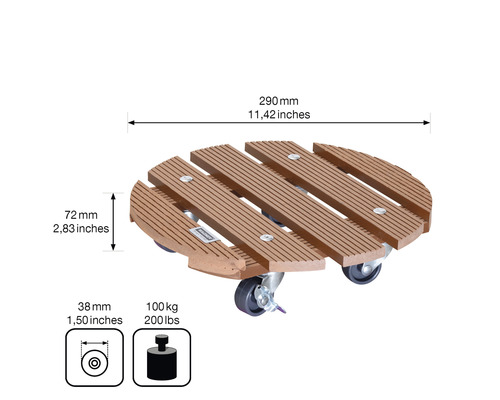 Runder Pflanzenroller aus Holz mit Rollen und Maßangaben