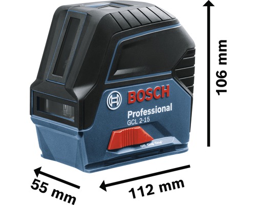 Bosch GCL 2-15 Professional Kombilaser mit den Maßen 112 mm x 55 mm x 106 mm